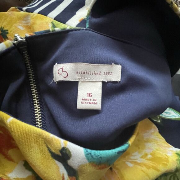 DB Estb 1962 Navy White Yellow Spring Summer Floral Striped Pleated Dress Sz 16 - Picture 15 of 15